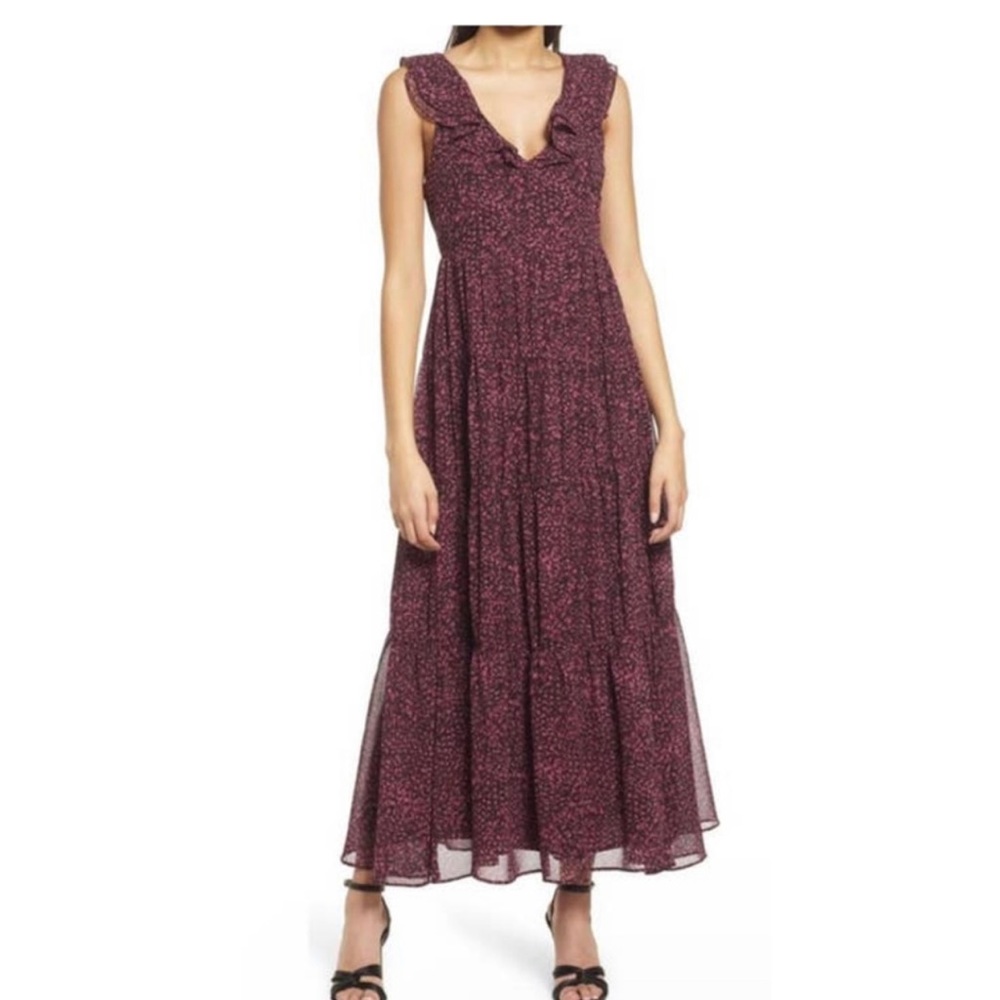 Chelsea28 Ruffle Neck Abstract Animal Print Tiered Chiffon Midi Dress Z M